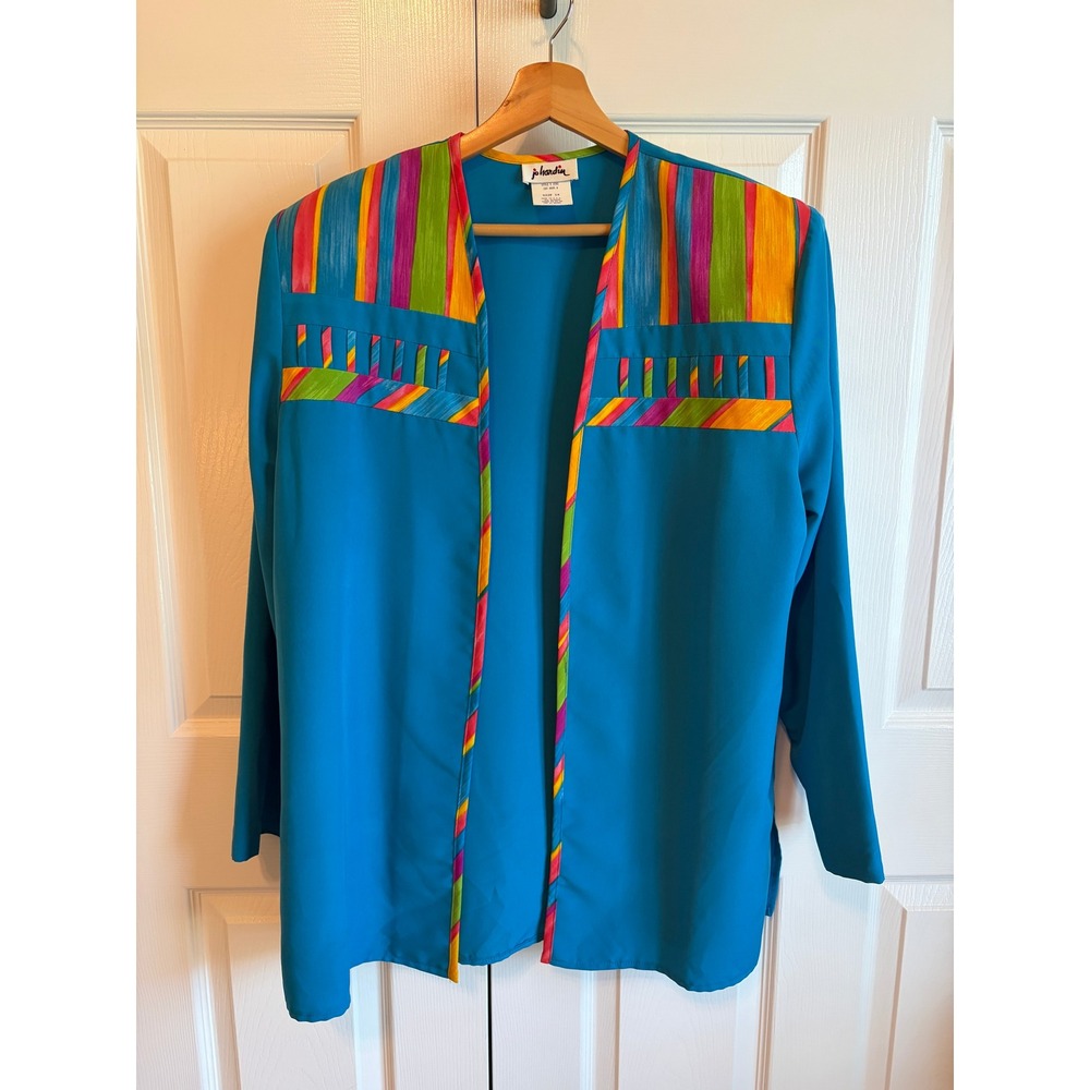 Jo Hardin Vintage Turquoise Rainbow Stripe Open Front Jacket Cardigan Size 14